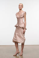 Light rose silk midi dress with fitted bodice, draped skirt, and gathered waist
