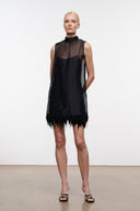Black sleeveless mini dress full front view with high neck sheer bodice