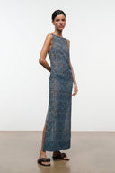 Maxi cover-up dress with sleeveless cut, high round neck, and vertical blue stripes