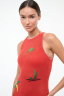 Red knit coverup dress with sleeveless boat neck and embroidered tropical motifs, crochet texture