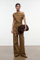 Wide-leg striped pants with drawstring waist, vertical brown and teal stripes