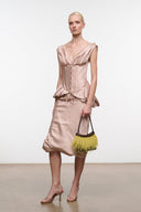 Light rose silk midi dress, sleeveless fitted bodice and gathered peplum hem