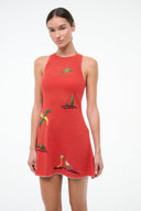Red knit coverup dress with sleeveless round neck, embroidered palm and bird motifs, short hem