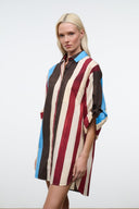 NICO shirt dress with vertical brown, cream, red & blue stripes, collared short sleeves
