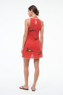 Red knit coverup dress with racerback and embroidered tropical motifs on the back