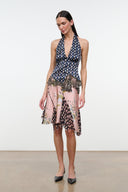 MAEVA silk halter top with navy multicolor print and layered fringe hem