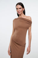 Women's sleeveless one-shoulder maxi dress in warm brown with sculpted draping.