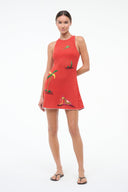 Red knit coverup dress with embroidered tropical motifs, sleeveless round neck and scalloped hem