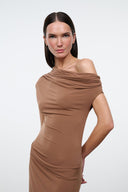 Women's warm brown one-shoulder maxi dress with heavy drape at neckline and bodice.