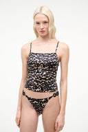 Leopard-print tankini top with spaghetti straps and ruched front