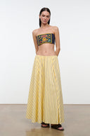 Yellow and navy vertical stripe A-line maxi skirt with pleated waist