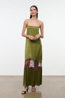 Olive green satin silk dress with spaghetti straps and lace hem panel