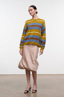 Cashmere sweater with yellow and blue horizontal stripes, crew neck and relaxed fit