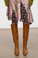 Cashew brown tall leather boots with pointed toe and low stacked heel