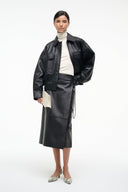 Black leather wrap midi skirt with long waist tie and front wrap