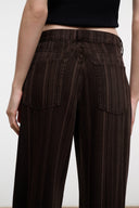 Dark brown espresso-striped relaxed jeans close-up of back pockets and belt loops
