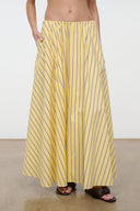 Yellow and navy vertical stripe pleated maxi skirt with center seam