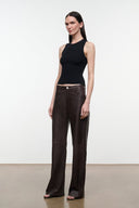 Dark brown leather pants with high waist and wide, flowing legs.