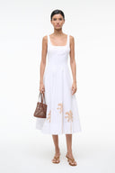 White midi dress with palm embroidery at the hem, sleeveless square neckline
