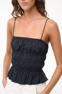 Black smocked peplum cami top, thin spaghetti straps and gathered front