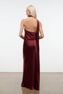 Wine satin halter maxi dress with open back and center seam, low scoop back.