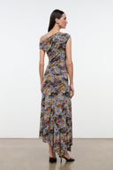 AMARIS dress in multicolor mosaic print, cap sleeves, back view with draped neckline.