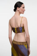 Back view of multicolor silk bandeau top with spaghetti straps and gathered seams