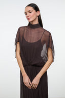 Brown sheer long-sleeve maxi dress with high neck and draped flutter sleeves