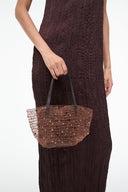 Multi-color beaded bucket bag with open top and rope-like top handles