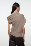 MABEL knit sweater in sesame taupe, draped off-shoulder cowl neck, short cap sleeves