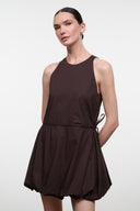 Dark brown sleeveless mini dress with gathered waist and side drawstring ties