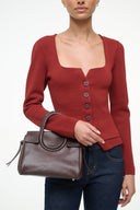 Espresso mini carryall handbag with rounded top handle and front ring detail