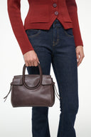 Espresso mini carryall handbag with short handles and side tie details