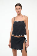 Black linen tank top with stud trim and spaghetti straps; front with wrap mini skirt