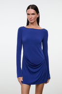 BLAKELY blue long-sleeve mini dress close-up, crew neck with front gathered drape