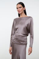Zinc satin silk dress with long sleeves, ruched waist band, and smooth drape