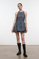 Navy sleeveless mini dress with teardrop print, high neckline, flared skirt