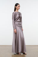 Zinc satin silk maxi dress with long sleeves, draped ruched waist, and gathered fit