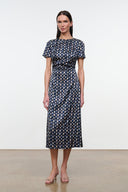 Silk midi dress with allover multicolor print, short sleeves, belted waist