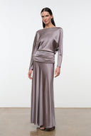 Silk dress in zinc with long sleeves, draped waist ruching, floor-length skirt