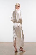 Ivory silk dress, back view: draped neckline, long batwing sleeves, tie waist