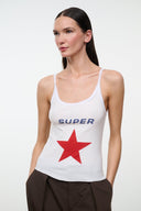 VATOLLA white tank top with 'SUPER' text and red star graphic