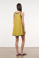 Sleeveless yellow shift dress with navy trim around neckline and hem edge