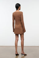 Women's brown draped long-sleeve mini dress, back view with center seam