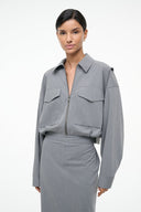 Grey zip-front shirt dress with point collar and flap chest pockets