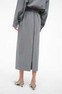 Grey midi shirt dress with elastic-waist gathers and side slit