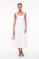 White sleeveless midi dress with square neckline and subtle embroidery detailing