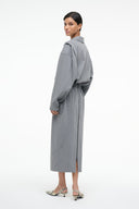 Grey midi shirt dress with high collar and long sleeves, side slit