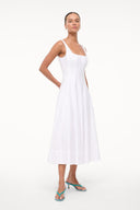 White sleeveless midi dress with square neckline and vertical embroidery texture