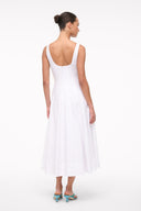 White sleeveless midi dress with low back and vertical embroidered texture